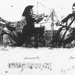 1850 - Julius Tausch, Wilhelm Joseph von Wasielewski (Wisnewsky) und Christian Reimers in einer Karikatur von Reimers. Diese drei Musiker waren ein in Düsseldorf tätiges Klaviertrio und sehr enge Freunde von Robert Schumann.