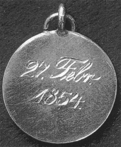 1854 - Belobigungsmedaille für den Brückenmeister Joseph Jüngermann (Robert-Schumann-Haus Zwickau). Er rettete Schumann aus dem Rhein am 27. 2. 1854