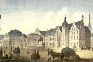 1860 - Marktplatz in einer prachtvollen Ansicht mit Tußmannbau Jan-Wellem und Theater.