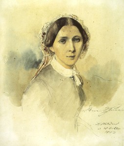 Clara Schumann: (Aquarellierte Zeichnung, 16. 10. 1853, von Jean-Joseph-Bonaventure Laurens).
