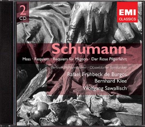 2006 - Wiederveröffentlichung 2006 EMI 3509002 2 CD © 2006 Schumann: Messe . Requiem . Requiem für Mignon . Der Rose Pilgerfahrt Donath . Lövaas . Hamari . Altmeyer . Sotin . Fischer-Dieskau . Seiffert Shirai . Soffel . Gedda Chor des Städtischen Musikvereins Düsseldorf Düsseldorfer Symphoniker . Berliner Philharmoniker Rafael Frühbeck de Burgos Bernhard Klee Wolfgang Sawallisch