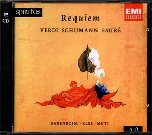 1996 - Wiederveröffentlichung 1996 EMI 5 65833 2 2 CD © 1983 Schumann: Requiem für Mignon op. 98b Verdi: Messa da Requiem; Faure: Requiem Adonian . Lindner . Georg . Fischer-Dieskau Scotto . Baltsa . Luchetti . Nesterenko Armstrong . Fischer-Dieskau Städtischer Musikverein zu Düsseldorf . Ambrosian Singers . Edinburgh-Festival-Chorus Düsseldorfer Symphoniker . Philharmonia Orchestra . Orchestre de Paris Bernhard Klee . Riccardo Muti . Daniel Barenboim