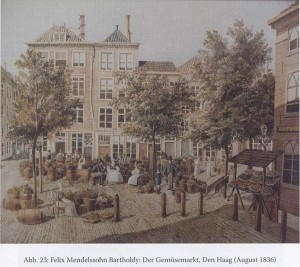 Aquarellierte Zeichnung von Felix Mendelssohn Bartholdy vom August 1836: Der Gemüsemarkt in Den Haag.