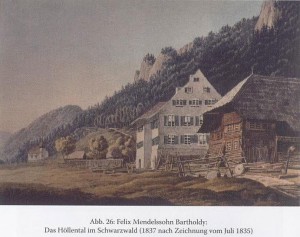 Aquarellierte Zeichnung von Felix Mendelssohn Bartholdy von 1837, nach einer Zeichnung vom Juli 1835: Das Höllental im Schwarzwald