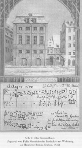 Zeichnung von Felix Mendelssohn Bartholdy: "Das Gewandhaus" aus dem Jahre 1836 mit Widmung an die Sängerin Henriette Bürau-Grabau, die in der Paulus-Uraufführung die Sopran-Soli sang.