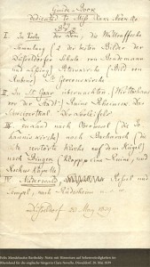 Felix Mendelssohn Bartholdy: Notiz mit Hinweisen auf Sehenswürdigkeiten im Rheinland für die englische Sängerin Clara Novello vom 20.5.1839. Heinrich-Heine-Institut Düsseldorf