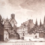 Mühlenstraße in Düsseldorfer Altstadt. Im Hause Nr. 12 wurde Norbert Burgmüller geboren. Lithographie von August Brögelmann um 1840. Stadtarchiv Düsseldorf