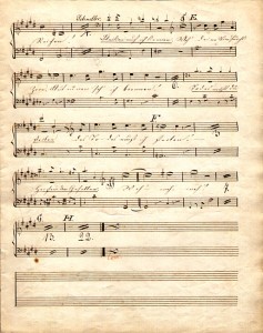 Titel: Vom Pagen und der Königstochter. Vier Balladen nach Emmanuel Geibel für Soli, Chor und Orchester op. 140 1852 in Düsseldorf/Bad Godesberg und Scheveningen entstanden. Erstausgabe: Winterthur: Rieter-Biedermann 1857 Erste Aufführung: 2.12.1852 im 3. Abonnementskonzert des Allgemeinen Musikvereins, Schumann dirigierte aus dem Manuskript. Stimme des Pagen (Tenor) aus der 2. Ballade (Alt-Solo, König, Page): "Zwei Reiter reiten vom Königsschloss", Kopistenhandschrift mit dem Endvermerk "Corr." in Rötel, der von Schumann stammt, und einer weiteren Korrektur, die mit Rötel eingewiesen ist und wahrscheinlich auch von Schumann herrührt. (Depositum des Städtischen Musikvereins im Heinrich-Heine-Institut Düsseldorf)