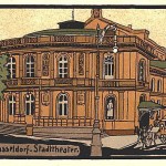 Stadttheater Düsseldorf als Jugendstil-Gemälde auf historischer Postkarte