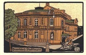 Stadttheater Düsseldorf als Jugendstil-Gemälde auf historischer Postkarte