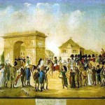 1811 - Im Bild sieht man den Einzug Napoleons im Jahre 1811 in Düsseldorf. Es ist dies außerdem die einzig bekannte Darstellung von Johann August Franz Burgmüller und seiner Gattin. Man sieht auf dem Bild das Paar unterhalb des Torbogens: der beleibte Herr im braunen Rock und die Dame in weiss mit roter Stola.