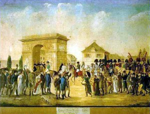 1811 - Im Bild sieht man den Einzug Napoleons im Jahre 1811 in Düsseldorf. Es ist dies außerdem die einzig bekannte Darstellung von Johann August Franz Burgmüller und seiner Gattin. Man sieht auf dem Bild das Paar unterhalb des Torbogens: der beleibte Herr im braunen Rock und die Dame in weiss mit roter Stola.