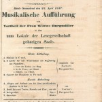 Am 22.4.1837 findet ein Benefiz-Konzert statt. Der Originalprogrammzettel kündigt wie folgt an: Düsseldorf Verein für Tonkunst Heute Sonnabend den 22. April 1837 Musikalische Aufführung zum Vortheil der Frau Wittwe Burgmüller in dem zum Lokale der Lesegesellschaft gehörigen Saale.