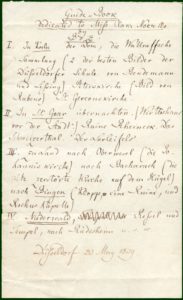 Felix Mendelssohn Bartholdy: Notiz mit Hinweisen auf Sehenswürdigkeiten im Rheinland für die englische Sängerin Clara Novello, Düsseldorf, 20. Mai 1839.