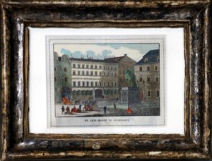 Marktplatz Düsseldorf mit Gasthof "Zu den drei Reichskronen". 19. Jh. Kolorierter Stahlstich (Sammlung Alt-Düsseldorf der Familie Conzen)