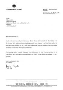 Dank des Bundespräsidenten Frank-Walter Steinmeier an den Ehrenvorsitzenden des Musikvereins, Manfred Hill über das Bundespräsidialamt.