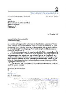 Dankesbrief des Projektleiters der Robert-Schumann-Forschungsstelle, Herr Univ.-Prof. Dr. Ulrich Konrad, Geschäftsführender Vorstand Lehrstuhl für Musikwissenschaft I am Institut für Musikforschung der Julius-Maximilians-Universität Würzburg, an den Ehrenvorsitzenden des Musikvereins, Manfred Hill.