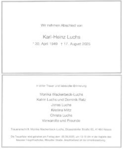 Traueranzeige zum Tode von Karl-Heinz Luchs