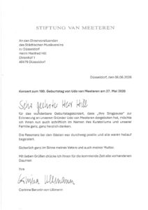 Dankesbrief von Corinna Baronin von Ullmann für den Beitrag der SingPause im Festakt zum Gedenken an Düsseldorfs Ehrenbürger Udo van Meeteren am 27.5.2026