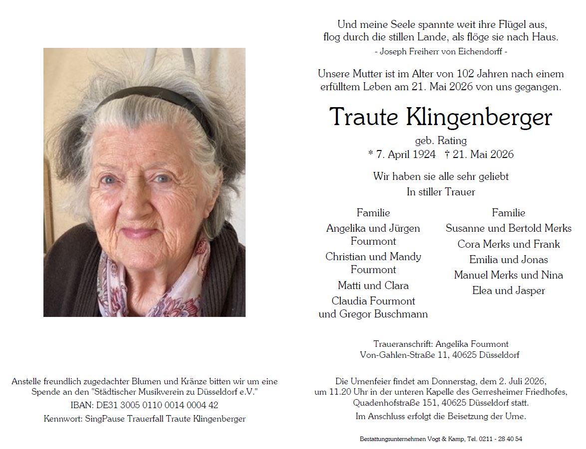 Traueranzeige zum Tode von Traute Klingenberger am 21. Mai 2026