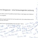 20 Jahre SingPause Düsseldorf - Abschlusskonzert am 26.6.2026 mit Vorführung-Konzert-Empfang: Dem französischen Perlwein lag dieses wunderbare und mich berührende Geschenkblatt bei. Hier die Rückseite mit einem Text, der unsere gemeinsame Einstellung bei allen von Erwachsenen auftretenden Schwierigkeiten darstellt. Es ist und war mir eine Ehre mit diesen tollen Menschen zusammenarbeiten zu dürfen. Ich bin sehr berührt, in welcher Weise diese vielen Menschen von den Kindern und deren Konzertleistung begeistert sind.