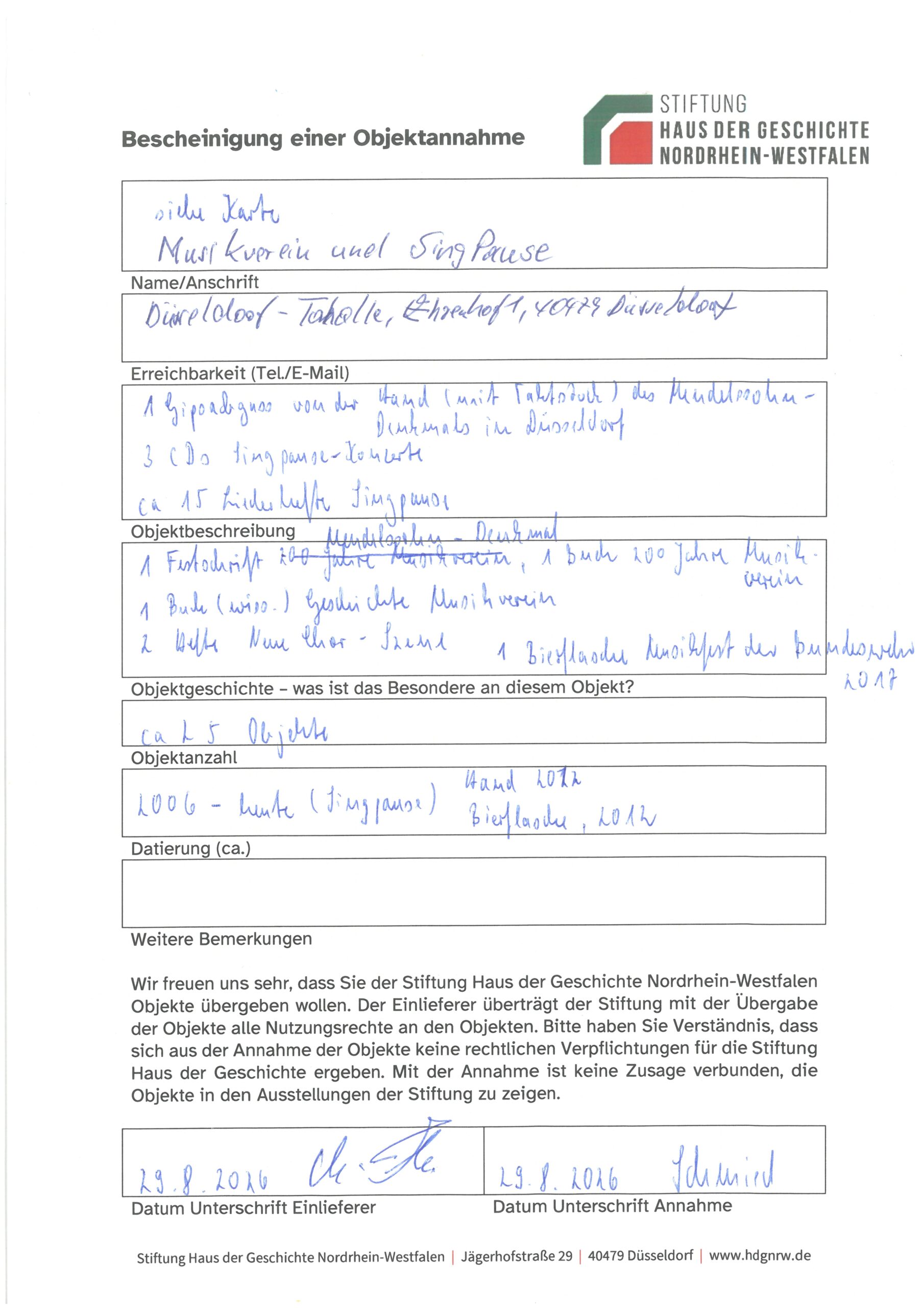 29.8.2026: Haus der Geschichte NRW - Bescheinigung über Objektannahmen zur Präsentation im Haus der Geschichte NRW von Musikverein und SingPause