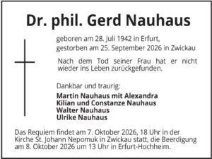 Todesanzeige für den großen Schumann-Forscher Dr. Gerd Nauhaus
